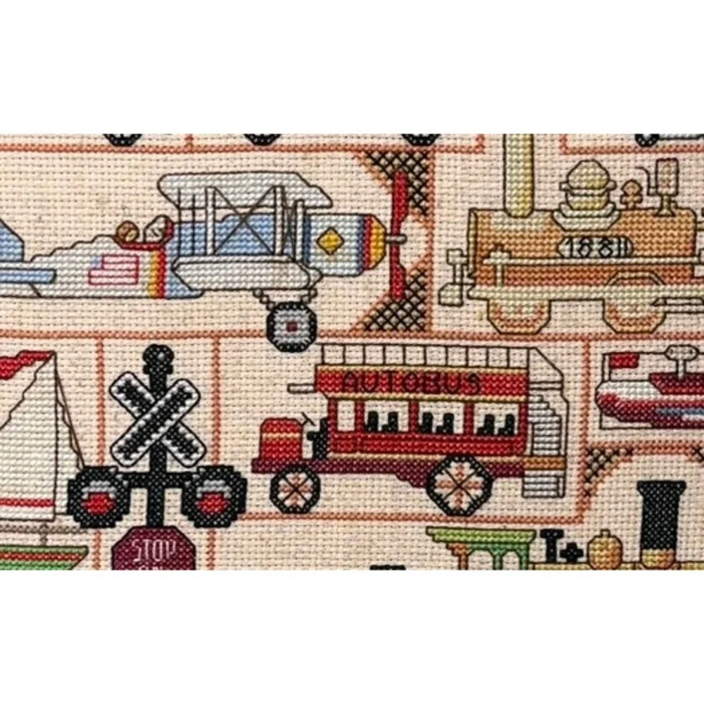 Vintage Old Time Toys Needlepoint Framed Sampler Train Plane Car Wall Art 11x9